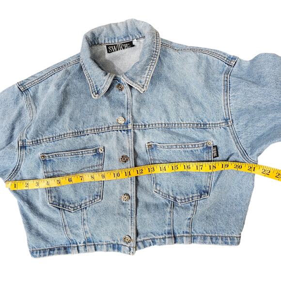 Vintage  Switch Blue Jean Cropped Jacket Puffed Sleeves Size L Made in U.S.A - Picture 5 of 8
